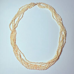 14k Gold 5 Strand 2.5mm Freshwater Rice Cultured Pearl Bead Necklace 18" Vintage